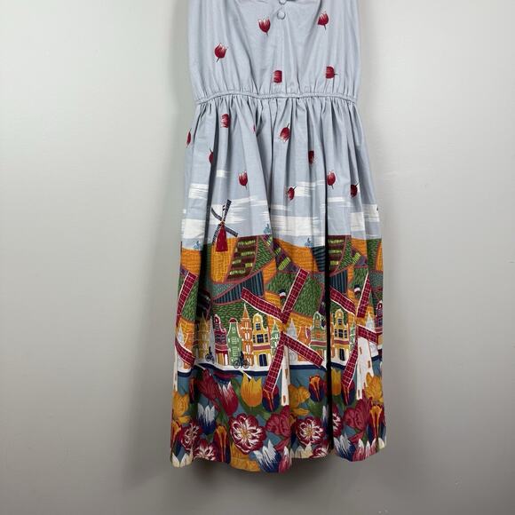 Lindy Bop Bambi Blue Holland Print Swing Dress Pin Up Retro Sz 4 50s Rockabilly - Picture 4 of 11